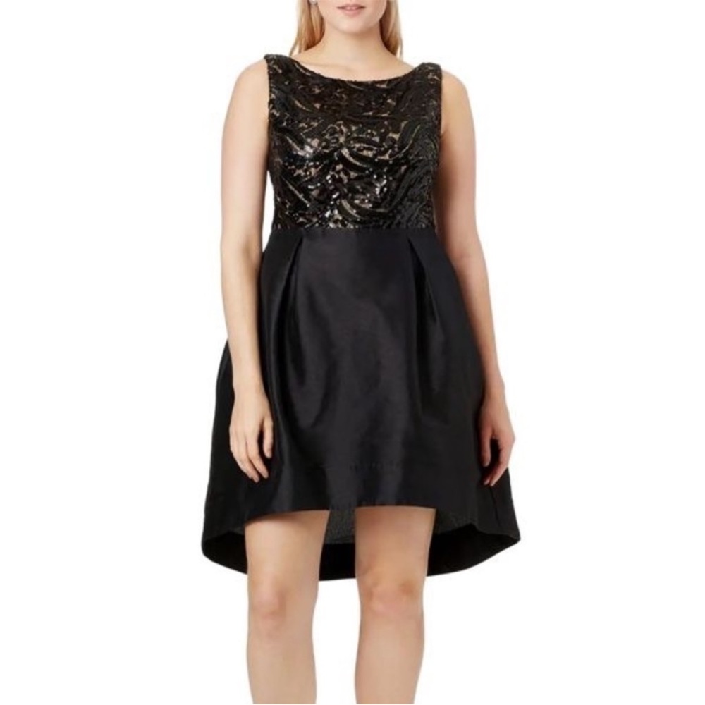 NWT. MARINA 20W Glitter Black Sequin Satin Balloon Dress.